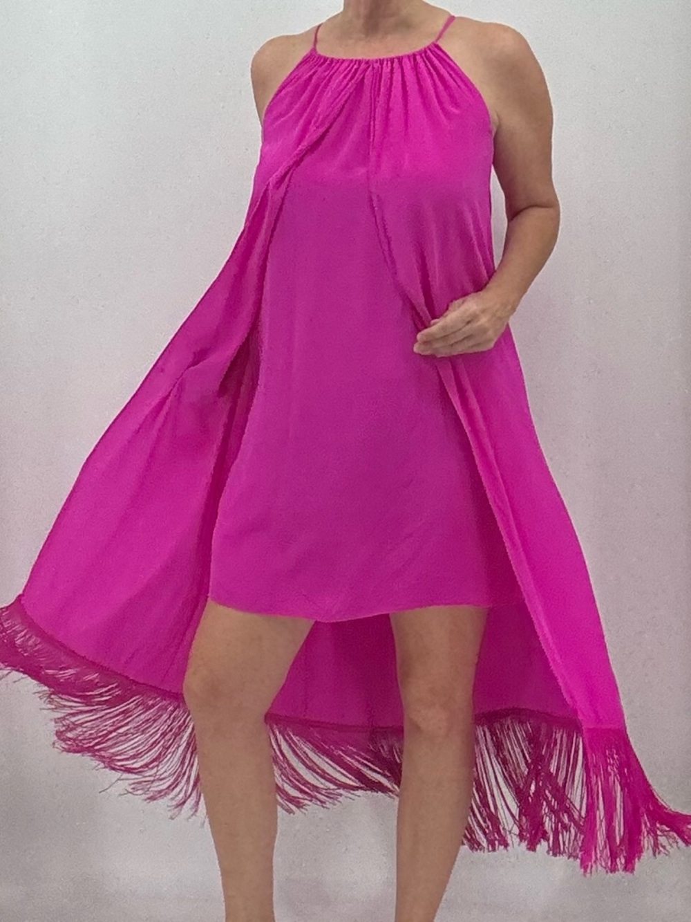 Trina Turk Kearney Resortwear Summer Fuchsia Pink Fringe Silk Trapeze Dress